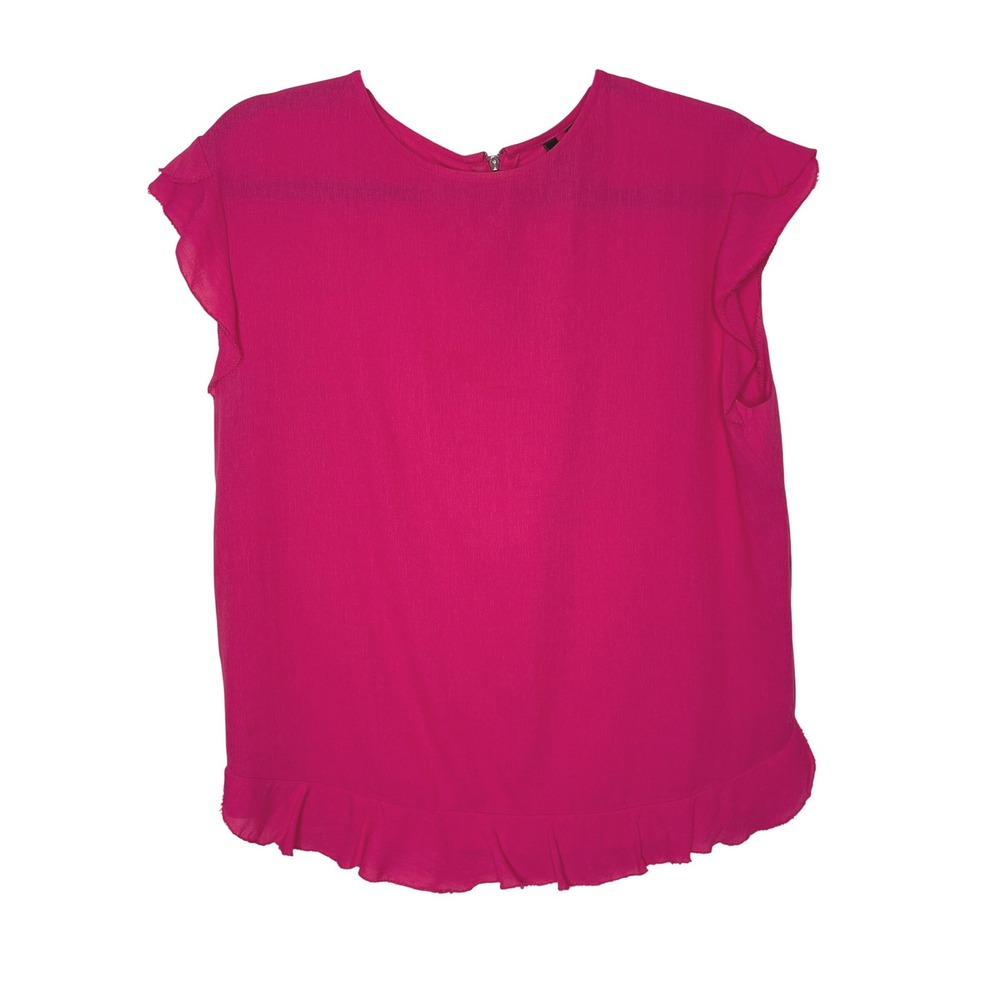 MNG Blouse Women Size M Hot Pink Ruffle Hem Cap Sleeve Barbiecore Soft Girly
